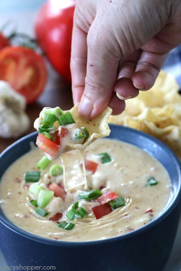 White Queso Dip - so simple to make with white American cheese from the deli. You will find it a bit spicy because we add in some jalapeños and red peppers.