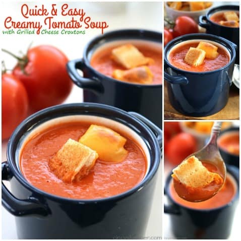 My Quick & Easy Creamy Tomato Soup with Grilled Cheese Croutons will be a perfect lunch or dinner this winter. You can have everything ready and on the table in about 30 minutes time.