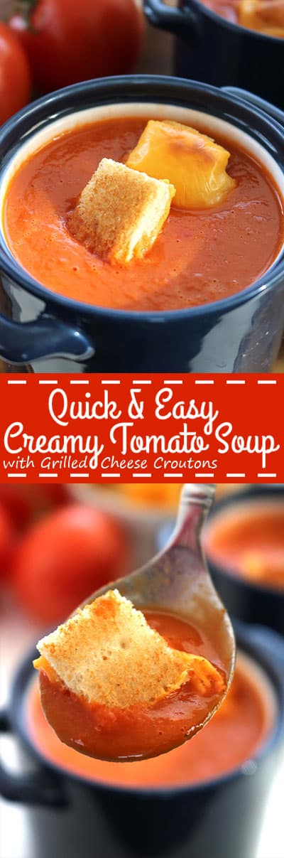 My Quick & Easy Creamy Tomato Soup with Grilled Cheese Croutons will be a perfect lunch or dinner this winter. You can have everything ready and on the table in about 30 minutes time.
