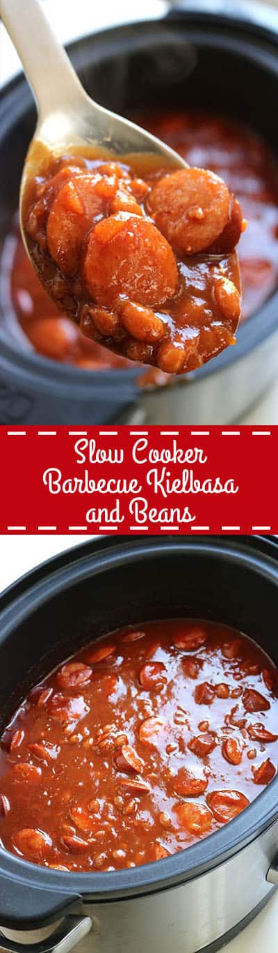 This Slow Cooker Barbecue Kielbasa and Beans will be perfect for your next pot luck or summer BBQ. The dish is loaded with flavor and just a hint of spice. #SlowCooker #BBQ