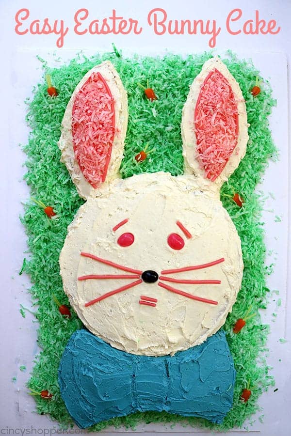 This Easy Easter Bunny Cake will be perfect for your after dinner dessert. Since we start with a boxed cake mix, it is super simple. Let the kids help decorate... they will LOVE it! #Easter