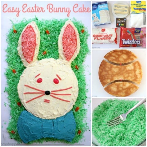 This Easy Easter Bunny Cake will be perfect for your after dinner dessert. Since we start with a boxed cake mix, it is super simple. Let the kids help decorate... they will LOVE it! #Easter