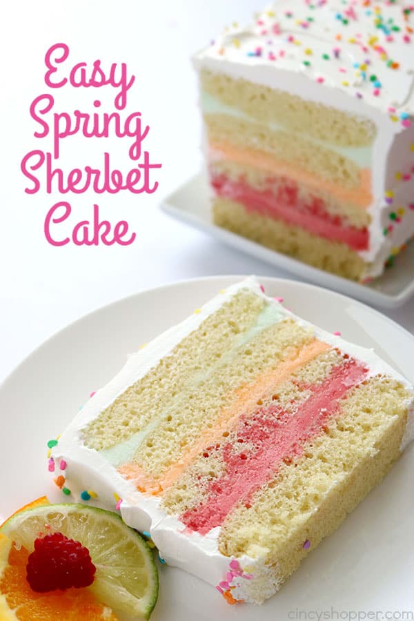 This Easy Spring Sherbet Cake will be great for Easter dessert or spring and summer parties! Super simple since we start with a boxed cake mix then layer with refreshing sherbet. Light and delicious! #Easter