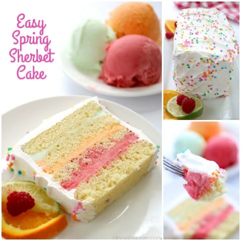This Easy Spring Sherbet Cake will be great for Easter dessert or spring and summer parties! Super simple since we start with a boxed cake mix then layer with refreshing sherbet. Light and delicious! #Easter