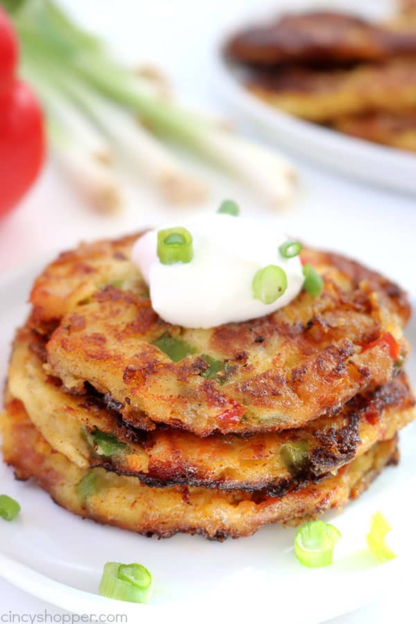 If you have leftover mashed potatoes, you will want to make these Loaded Mashed Potato Cakes. Creamy mashed potatoes are loaded up with bacon, cheese, peppers, onions, and then fried up for some added crispiness.