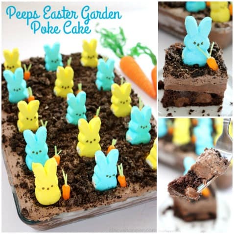 If you are needing an easy but delicious dessert for Easter, you will want to make this PEEPS Easter Garden Poke Cake. Super fun, colorful plus ...it's easy. #Easter #PEEPS