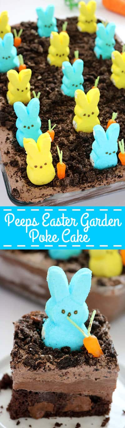 If you are needing an easy but delicious dessert for Easter, you will want to make this PEEPS Easter Garden Poke Cake. Super fun, colorful plus ...it's easy. #Easter #PEEPS