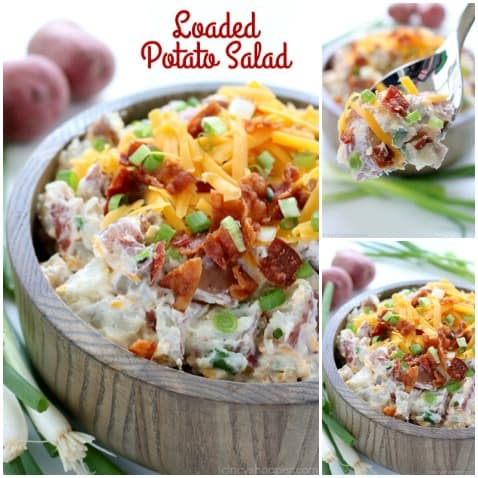 This Loaded Potato Salad will make for a great side dish at your summer picnics and BBQ's. We toss cubed potatoes with the fixings that you would normally find in a loaded baked potato. Lots of cheese, bacon, green onion, and of course sour cream. #SummerSalad
