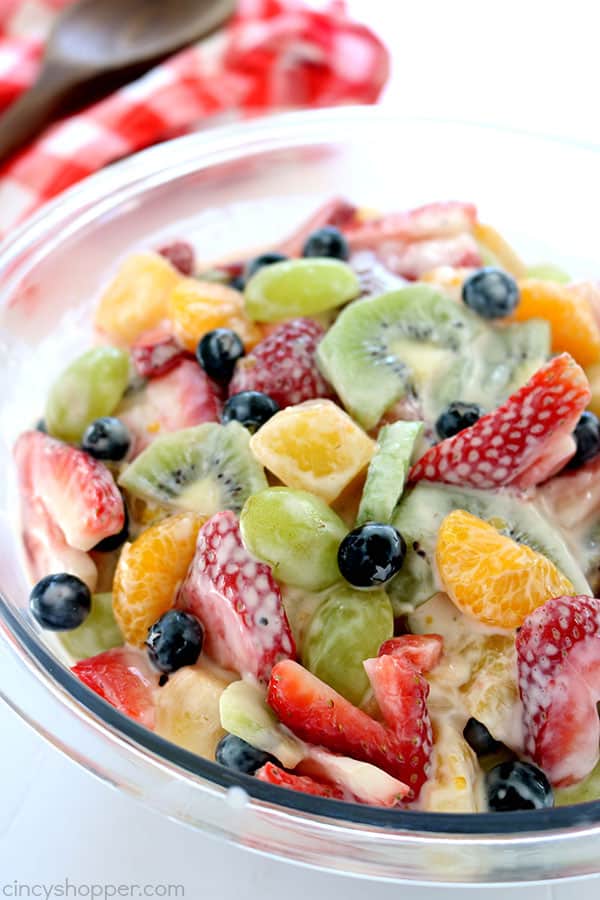 This Creamy Fruit Salad is loaded with tons of fresh fruits and a creamy vanilla yogurt dressing. It is so simple to throw together and perfect for a side dish or dessert. You will find it to be a hit at your next picnic or BBQ!