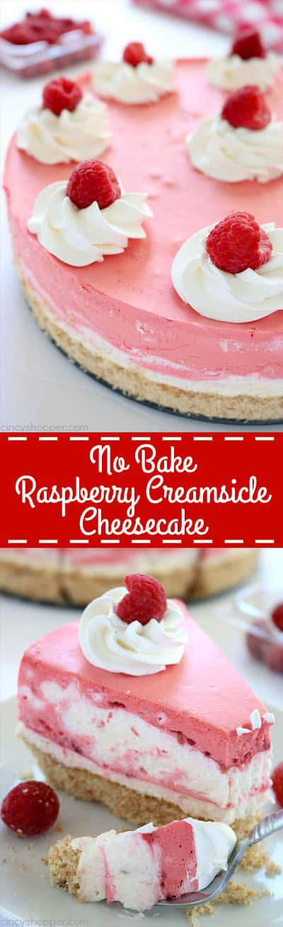 This No Bake Raspberry Creamsicle Cheesecake is out of this world AMAZING! We start with a Nilla Wafer crust, then add on layers of delicious raspberry cream. It's so simple to make. perfect summer dessert. #Cheesecake #NoBake