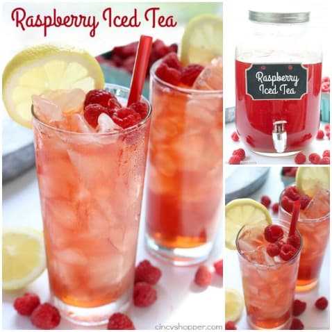 Raspberry Iced Tea - super refreshing cold beverage for hot summer days. We make it with fresh raspberries, squeezed lemon, and just a bit of sugar. Feel free to add in more sugar if you like your tea super sweet. #IcedTea #Raspberries #SummerDrink