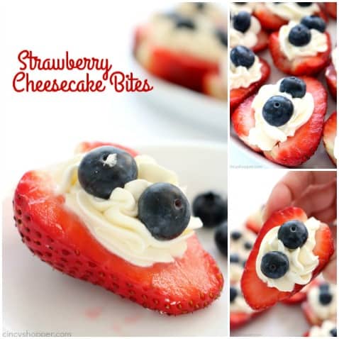 Red, White, & Blue Strawberry Cheesecake Bites - perfect appetizer or dessert for Memorial Day, 4th of July or any picnic. #July4th #RedWhiteBlue #MemorialDay #FingerFood