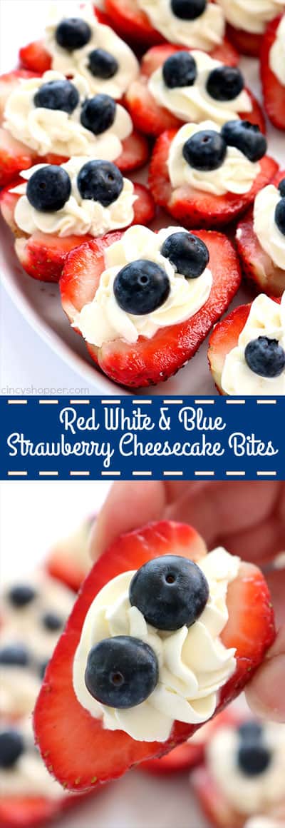 Red, White, & Blue Strawberry Cheesecake Bites - perfect appetizer or dessert for Memorial Day, 4th of July or any picnic. #July4th #RedWhiteBlue #MemorialDay #FingerFood