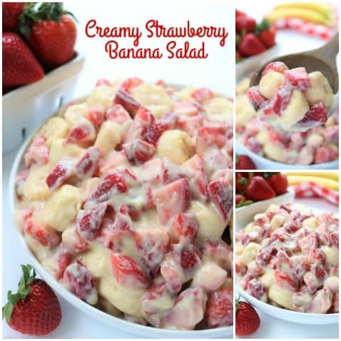 Creamy Strawberry Banana Salad - so super easy to make and makes for a super side dish or dessert for summer potlucks. #strawberries #fruit #salad #sidedish
