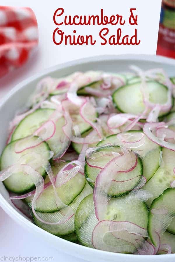 Cucumber and Onion Salad - perfect for a summer side dish. You will find thin sliced cucumbers and sweet onion coated in a sweet vinegar. Traditional, Easy and so good. #SummerSalad #Salad #Cucumbers