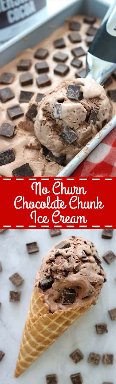 No Churn Chocolate Chunk Ice Cream - No machine needed. Homemade ice cream is so much better than store bought. If you love chocolate chocolate chip ice cream, you will love it! #homemade #icecream