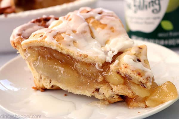 2 Ingredient Cinnamon Roll Apple Pie - so easy to make. We use store bought cinnamon rolls and canned apple pie filling to keep it so simple. #ApplePIe #ThanksgivingPie #2Ingredient
