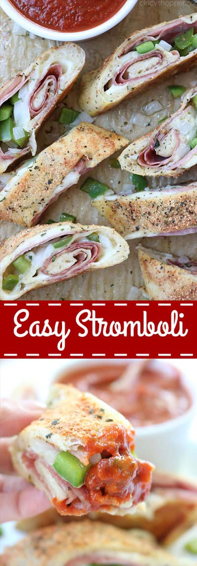 Easy Stromboli - Since we use store bought pizza dough, it comes together in no time at all. Load in your favorite toppings like ham, salami, provolone, mozzarella, peppers, onions, the combinations are endless.