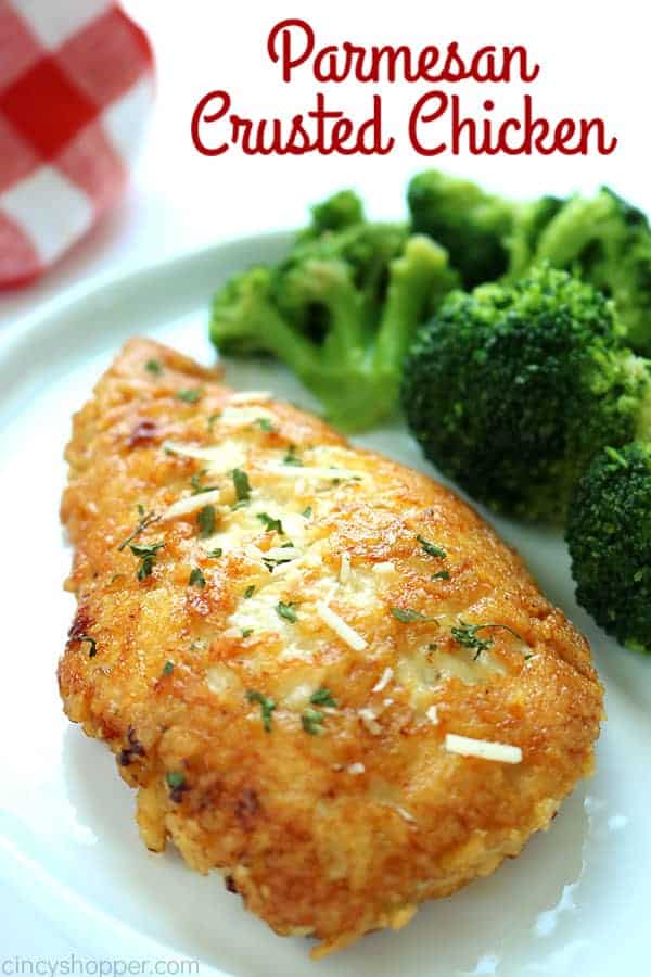 Parmesan Crusted Chicken -We use pounded thin chicken breasts, coat in a delicious Parmesan coating, and then fried to make them crispy.  Add this chicken idea to your dinner this week.