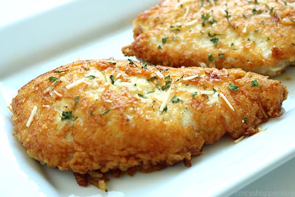 Parmesan Crusted Chicken -We use pounded thin chicken breasts, coat in a delicious Parmesan coating, and then fried to make them crispy.  Add this chicken idea to your dinner this week.