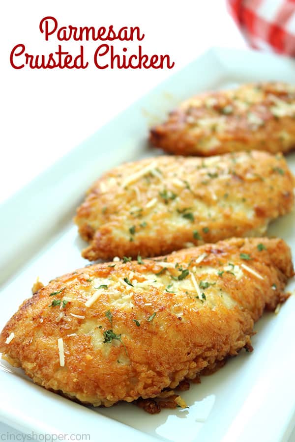 Parmesan Crusted Chicken -We use pounded thin chicken breasts, coat in a delicious Parmesan coating, and then fried to make them crispy.  Add this chicken idea to your dinner this week.