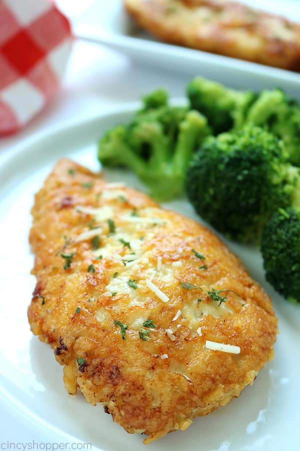 Parmesan Crusted Chicken -We use pounded thin chicken breasts, coat in a delicious Parmesan coating, and then fried to make them crispy.  Add this chicken idea to your dinner this week.