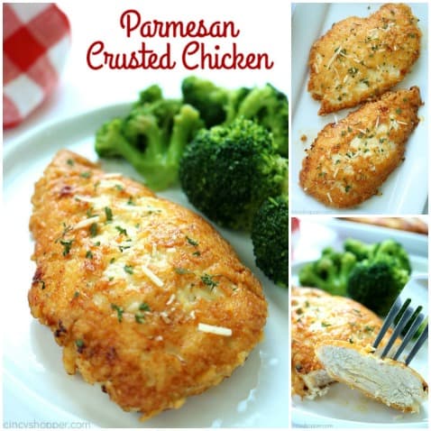 Parmesan Crusted Chicken -We use pounded thin chicken breasts, coat in a delicious Parmesan coating, and then fried to make them crispy.Â  Add this chicken idea to your dinner this week.