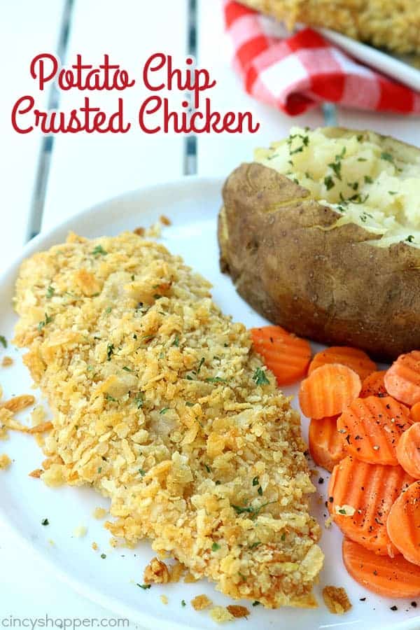 Potato Chip Crusted Chicken - easy weeknight family dinner idea. Make your chicken with any flavored chips to add a super crusty and flavorful chicken breast.