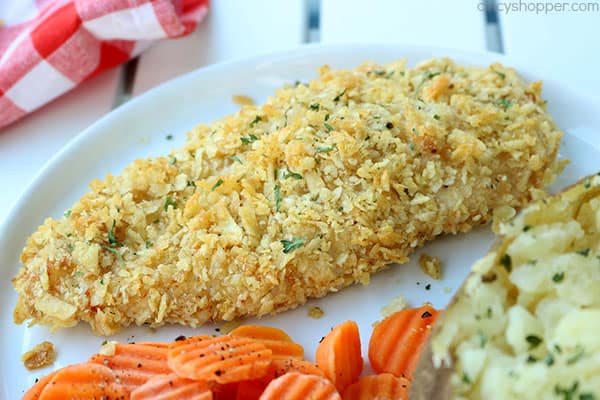 Potato Chip Crusted Chicken - easy weeknight family dinner idea. Make your chicken with any flavored chips to add a super crusty and flavorful chicken breast.