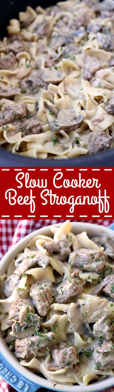 Slow Cooker Beef Stroganoff - tender beef tips, onions, mushrooms, all in a creamy sauce. Serve over egg noodles for an easy family favorite meal. Make it in your Crock-Pot!