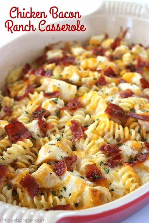 Easy Chicken Bacon Ranch Casserole - perfect for a quick and simple dinner. We have pasta, chicken, easy Alfredo with ranch dressing, bacon, and of course, cheese. 