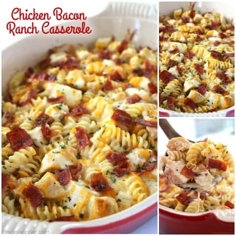 Easy Chicken Bacon Ranch Casserole - perfect for a quick and simple dinner. We have pasta, chicken, easy Alfredo with ranch dressing, bacon, and of course, cheese. 