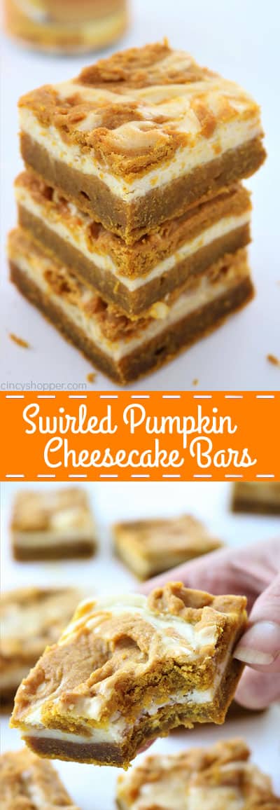 Swirled Pumpkin Cheesecake Bars - better than a pumpkin pie! Tasty pumpkin bar with a delicious swirled layer of cream cheese. Perfect fall and Thanksgiving dessert.