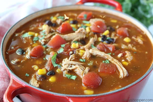 Cooked Chicken Tortilla Soup in a pot.