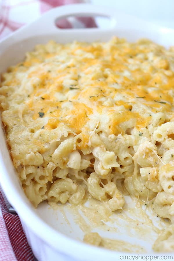 My creamy mac and cheese is the BEST according to my friends and family.  It’s baked and is so cheesy and creamy from the combination of cheeses I use in the easy sauce. It will quickly become a favorite for you too.