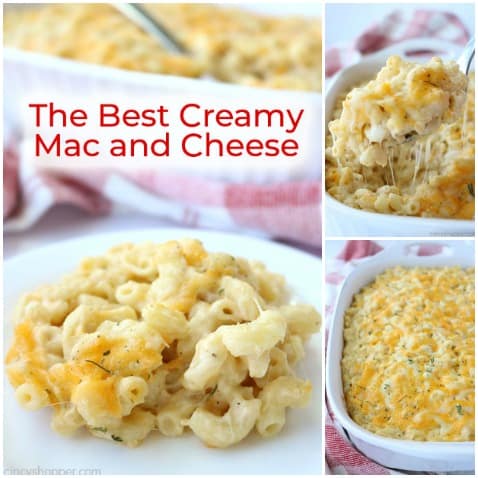 My creamy mac and cheese is the BEST according to my friends and family.  It’s baked and is so cheesy and creamy from the combination of cheeses I use in the easy sauce. It will quickly become a favorite for you too.