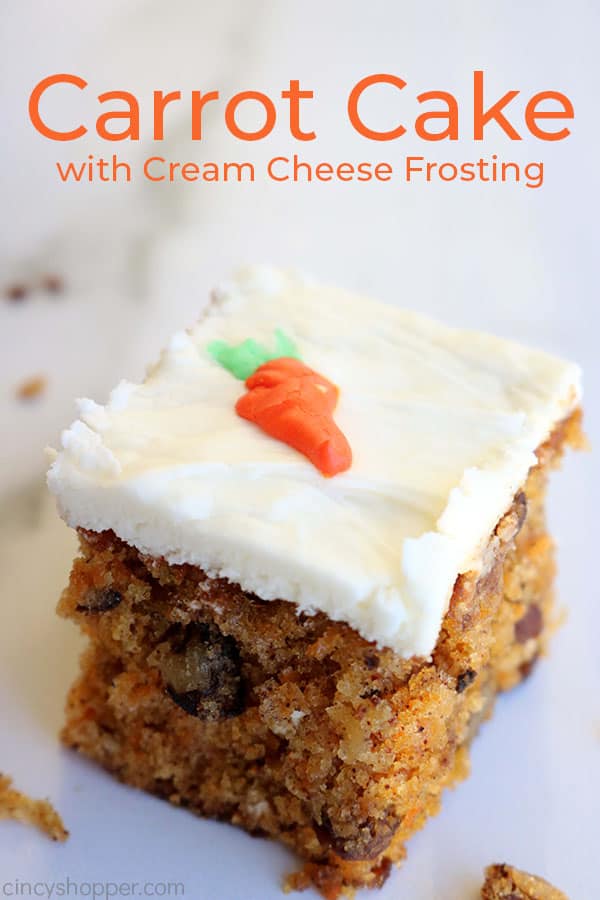 Moist carrot cake with cream cheese frosting with text.