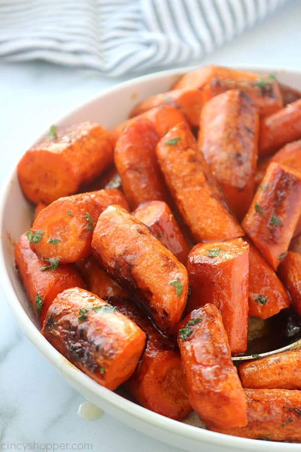 Honey Garlic roasted carrots in a bowl.