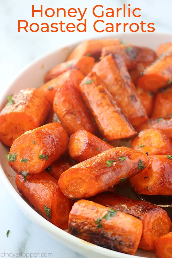 Roasted carrots with text.