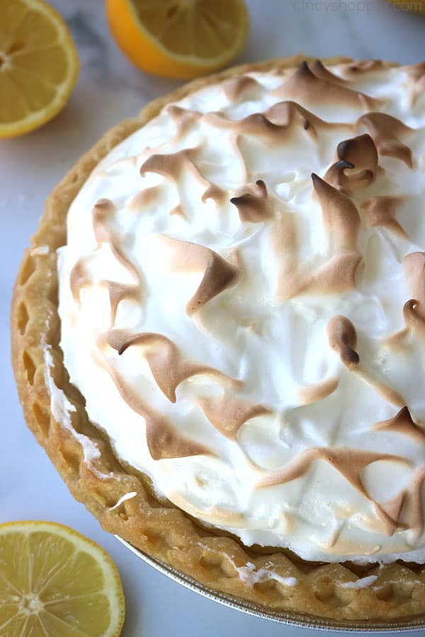 Whole Lemon Meringue Pie with toasted peaks.