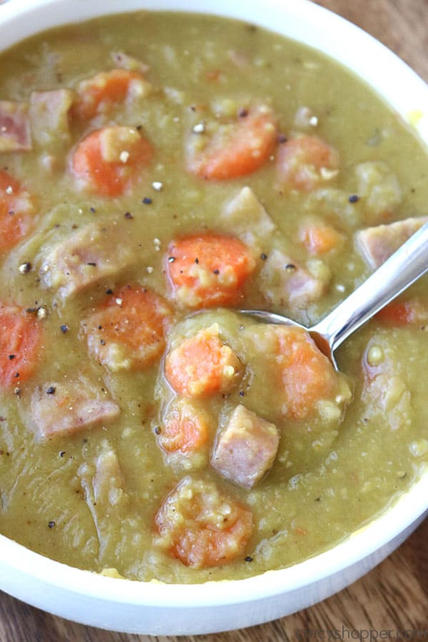 Split Pea Soup in a bowl with spoon.
