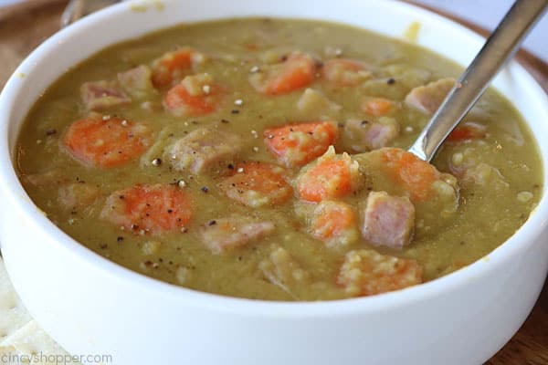 Bowl of hot split pea soup.