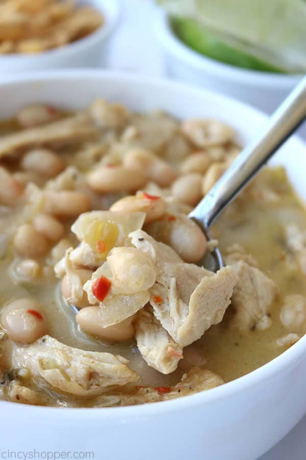 White Chicken Chili on a spoon.