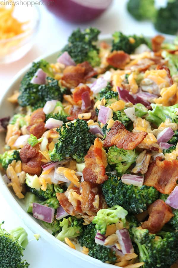 Broccoli salad with bacon in a bowl.