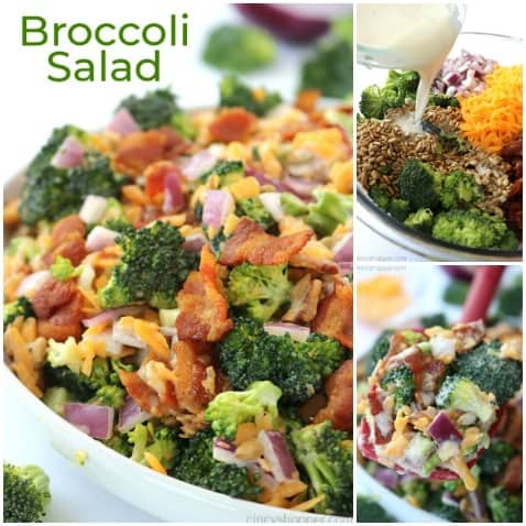 Small collage of creamy broccoli salad with bacon.