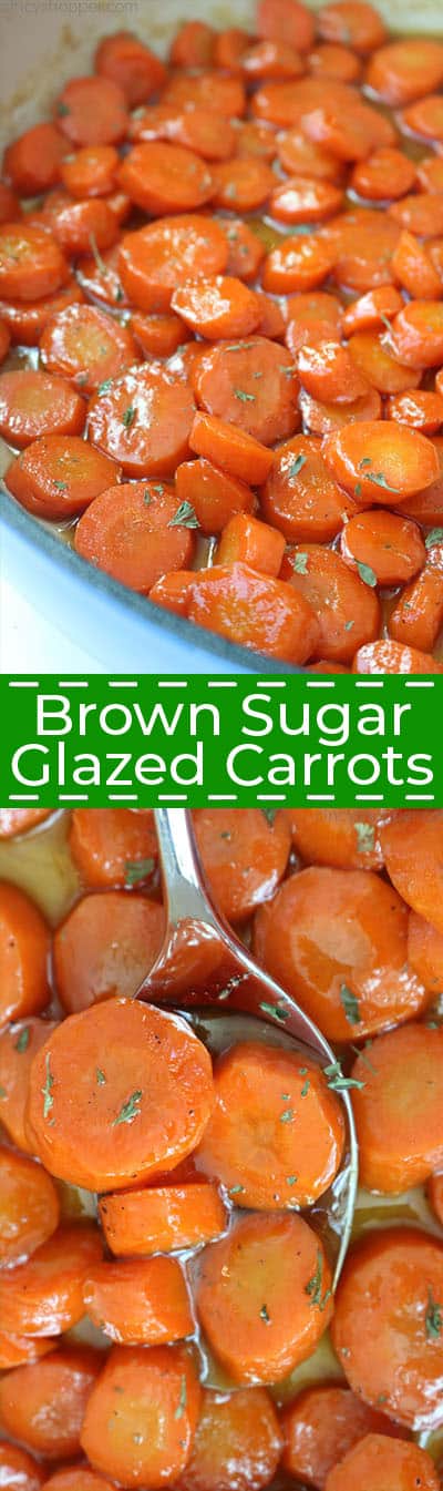Brown Sugar Glazed Carrots in a pan and on a spoon collage.