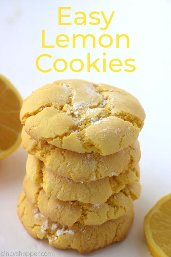 Stack of lemon cookies with text.