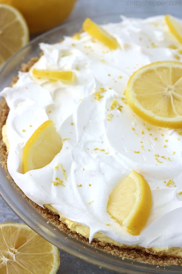 Easy Lemon Pie uncut in pie dish.