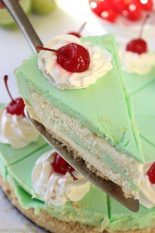 Slice of Lime Cheesecake on a server.