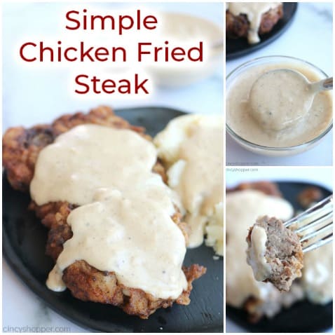 Small collage of chicken fried steak with white gravy.